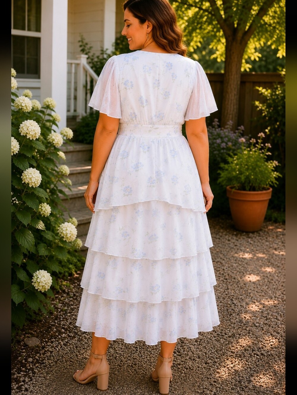 NWT Tiered White Floral Midi Dress with V-Neck And Zippered Back Sz 16 Plus - Picture 2 of 14